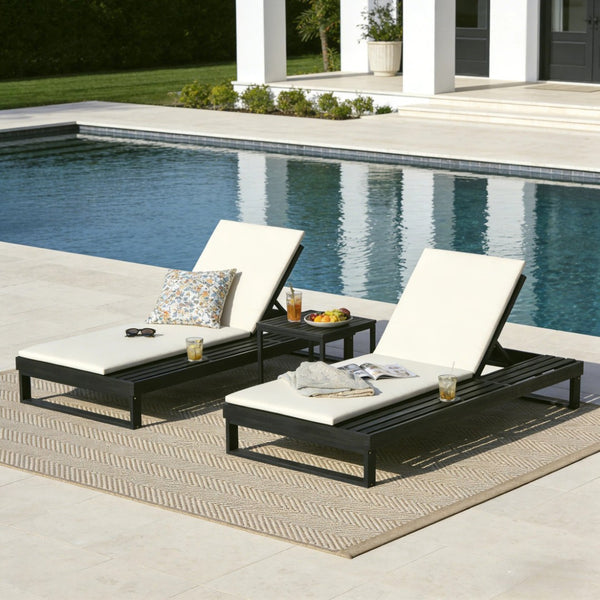 English Elm Black Acacia Hardwood Outdoor Chaise Lounge with Integrated Side Ledge and Cushion Cream N770P253018C_N770P407072B