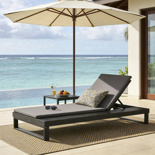 English Elm Black Acacia Hardwood Outdoor Chaise Lounge with Integrated Side Ledge and Cushion Dark Gray N770P253018G_N770P407072B