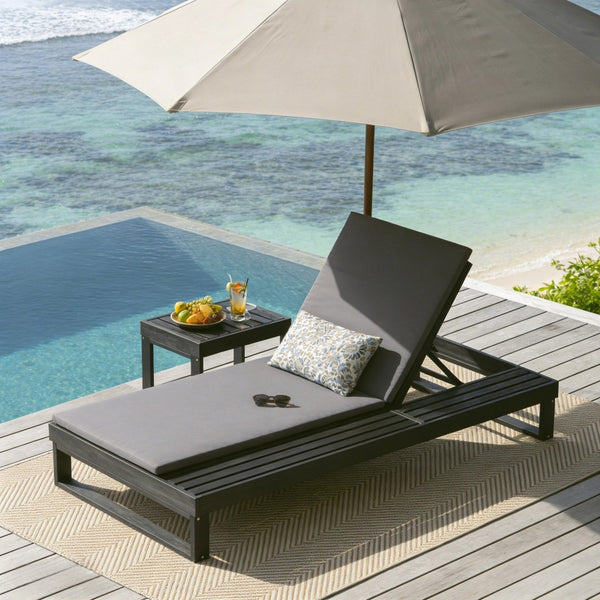 English Elm Black Acacia Hardwood Outdoor Chaise Lounge with Integrated Side Ledge and Cushion Dark Gray N770P253018G_N770P407072B