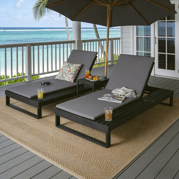 English Elm Black Acacia Hardwood Outdoor Chaise Lounge with Integrated Side Ledge and Cushion Dark Gray N770P253018G_N770P407072B