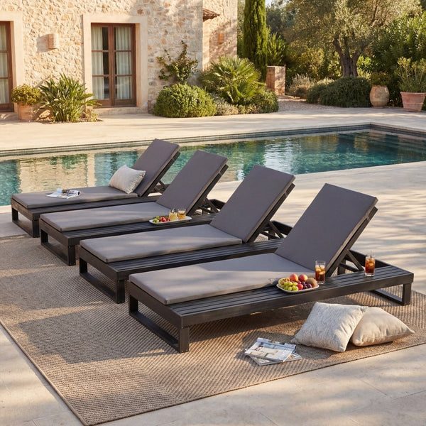 English Elm Black Acacia Hardwood Outdoor Chaise Lounge with Integrated Side Ledge and Cushion Dark Gray N770P253018G_N770P407072B