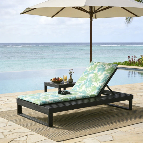 English Elm Black Acacia Hardwood Outdoor Chaise Lounge with Integrated Side Ledge and Cushion Leaf Coconut N770P253018L_N770P407072B