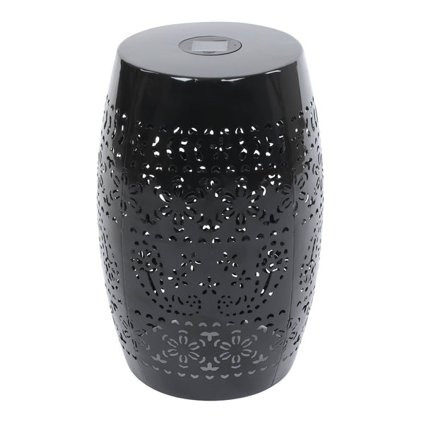 English Elm Solar Iron Lantern Side Table with Cutout Floral Design for Patio and Garden Decor Black N770P270774B