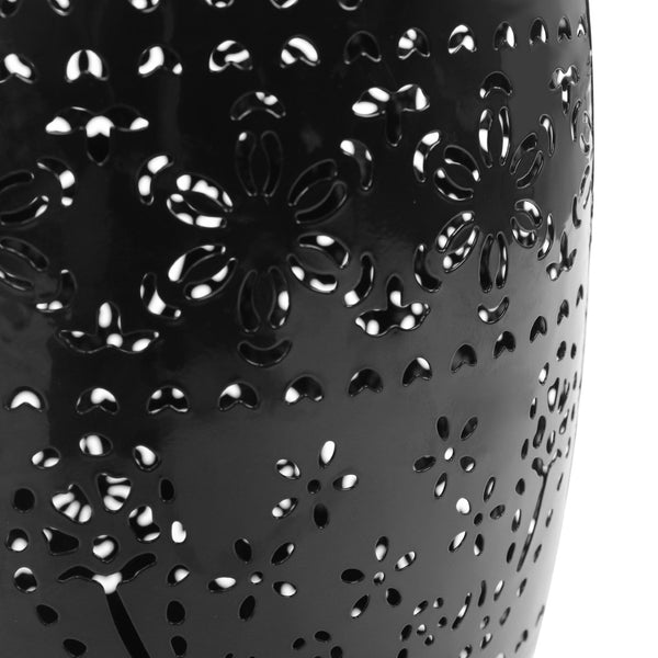English Elm Solar Iron Lantern Side Table with Cutout Floral Design for Patio and Garden Decor Black N770P270774B