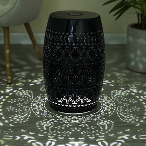 English Elm Solar Iron Lantern Side Table with Cutout Floral Design for Patio and Garden Decor Black N770P270774B
