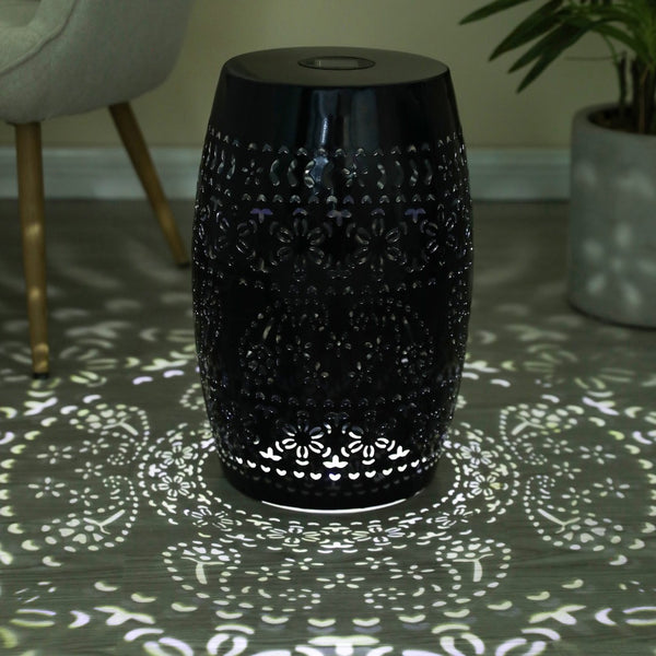English Elm Solar Iron Lantern Side Table with Cutout Floral Design for Patio and Garden Decor Black N770P270774B