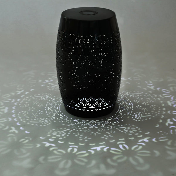 English Elm Solar Iron Lantern Side Table with Cutout Floral Design for Patio and Garden Decor Black N770P270774B