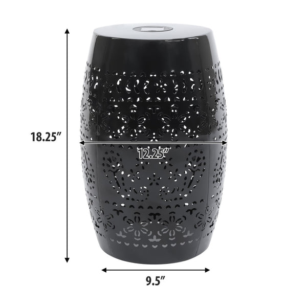 English Elm Solar Iron Lantern Side Table with Cutout Floral Design for Patio and Garden Decor Black N770P270774B