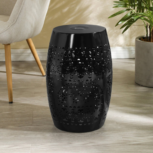 English Elm Solar Iron Lantern Side Table with Cutout Floral Design for Patio and Garden Decor Black N770P270774B