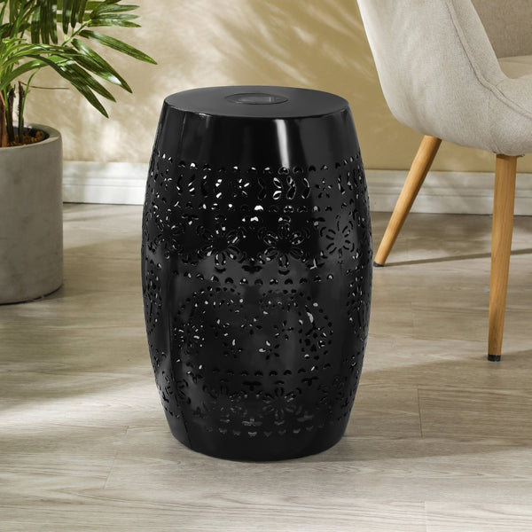 English Elm Solar Iron Lantern Side Table with Cutout Floral Design for Patio and Garden Decor Black N770P270774B