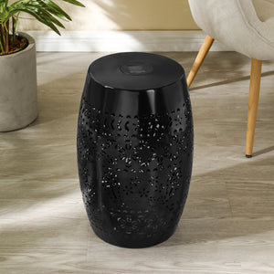 English Elm Solar Iron Lantern Side Table with Cutout Floral Design for Patio and Garden Decor Black N770P270774B