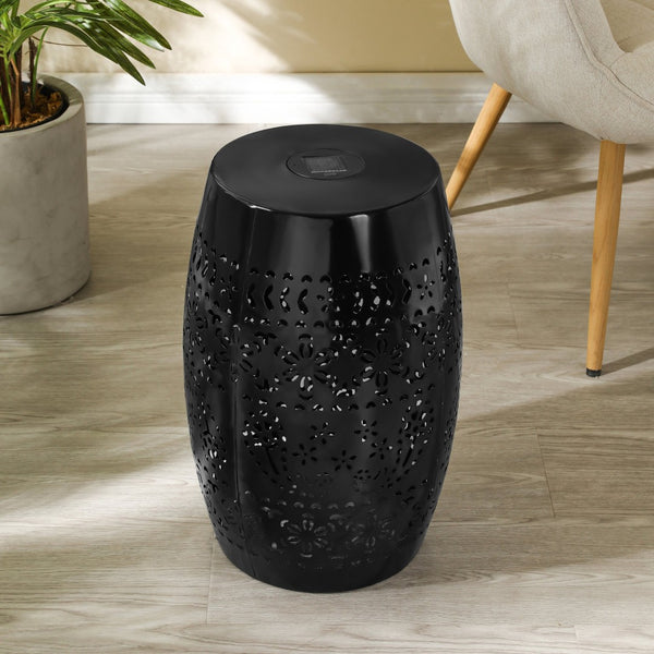 English Elm Solar Iron Lantern Side Table with Cutout Floral Design for Patio and Garden Decor Black N770P270774B