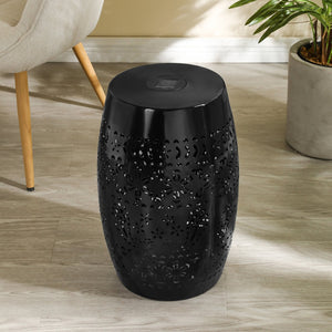 English Elm Solar Iron Lantern Side Table with Cutout Floral Design for Patio and Garden Decor Black N770P270774B