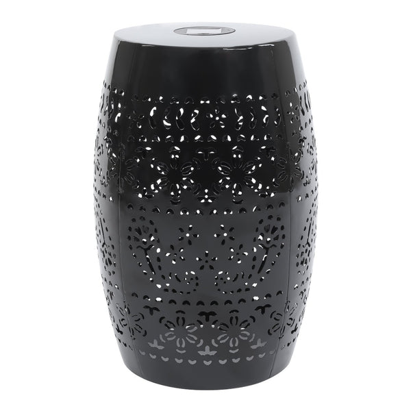 English Elm Solar Iron Lantern Side Table with Cutout Floral Design for Patio and Garden Decor Black N770P270774B
