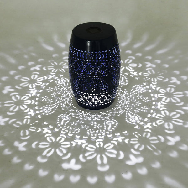 English Elm Solar Iron Lantern Side Table with Cutout Floral Design for Patio and Garden Decor Dark Blue N770P270774D