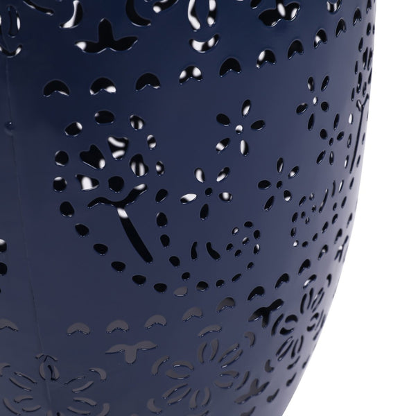 English Elm Solar Iron Lantern Side Table with Cutout Floral Design for Patio and Garden Decor Dark Blue N770P270774D