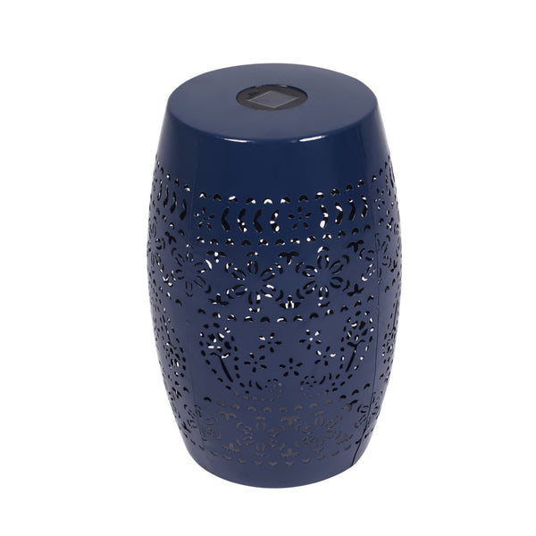 English Elm Solar Iron Lantern Side Table with Cutout Floral Design for Patio and Garden Decor Dark Blue N770P270774D