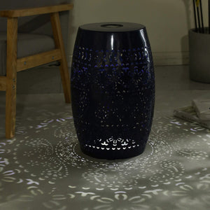 English Elm Solar Iron Lantern Side Table with Cutout Floral Design for Patio and Garden Decor Dark Blue N770P270774D