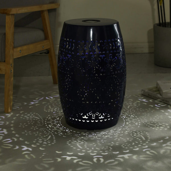 English Elm Solar Iron Lantern Side Table with Cutout Floral Design for Patio and Garden Decor Dark Blue N770P270774D