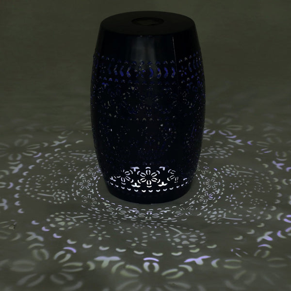 English Elm Solar Iron Lantern Side Table with Cutout Floral Design for Patio and Garden Decor Dark Blue N770P270774D
