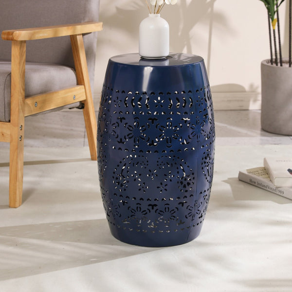 English Elm Solar Iron Lantern Side Table with Cutout Floral Design for Patio and Garden Decor Dark Blue N770P270774D