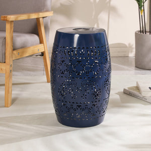 English Elm Solar Iron Lantern Side Table with Cutout Floral Design for Patio and Garden Decor Dark Blue N770P270774D