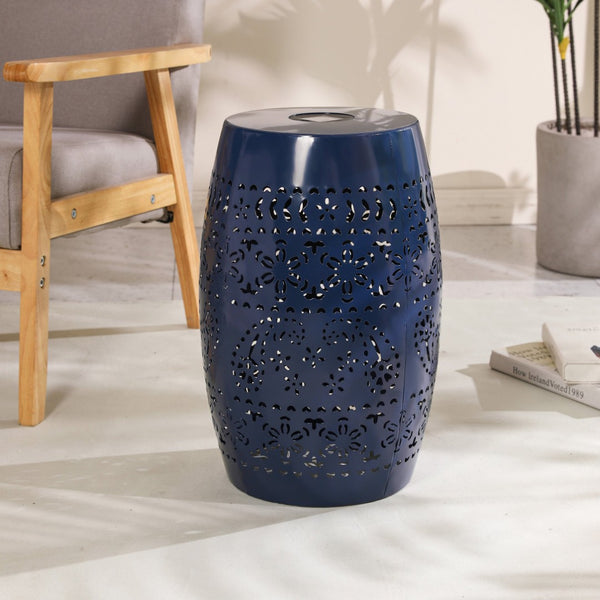 English Elm Solar Iron Lantern Side Table with Cutout Floral Design for Patio and Garden Decor Dark Blue N770P270774D