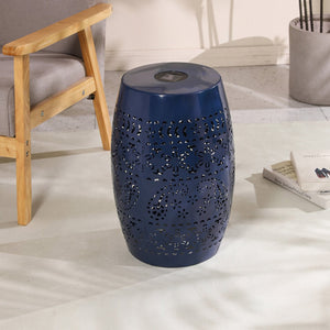 English Elm Solar Iron Lantern Side Table with Cutout Floral Design for Patio and Garden Decor Dark Blue N770P270774D