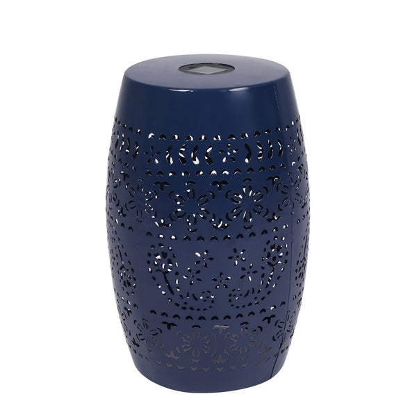English Elm Solar Iron Lantern Side Table with Cutout Floral Design for Patio and Garden Decor Dark Blue N770P270774D