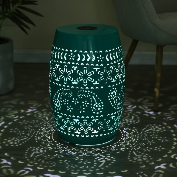 English Elm Solar Iron Lantern Side Table with Cutout Floral Design for Patio and Garden Decor Teal N770P270774T