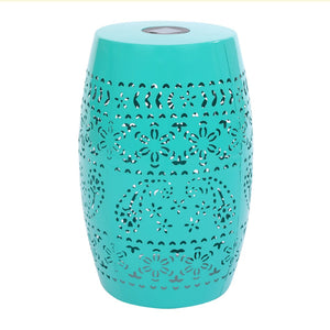 English Elm Solar Iron Lantern Side Table with Cutout Floral Design for Patio and Garden Decor Teal N770P270774T