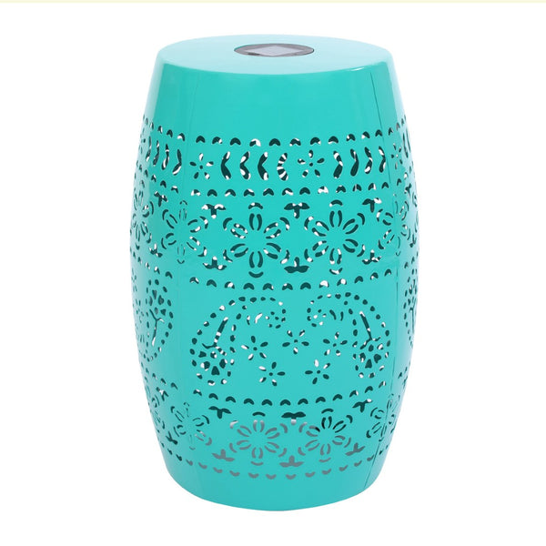 English Elm Solar Iron Lantern Side Table with Cutout Floral Design for Patio and Garden Decor Teal N770P270774T