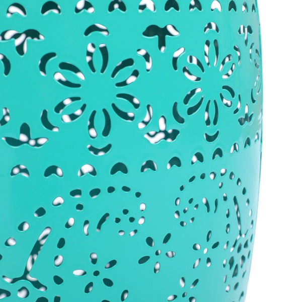 English Elm Solar Iron Lantern Side Table with Cutout Floral Design for Patio and Garden Decor Teal N770P270774T