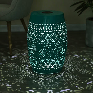 English Elm Solar Iron Lantern Side Table with Cutout Floral Design for Patio and Garden Decor Teal N770P270774T