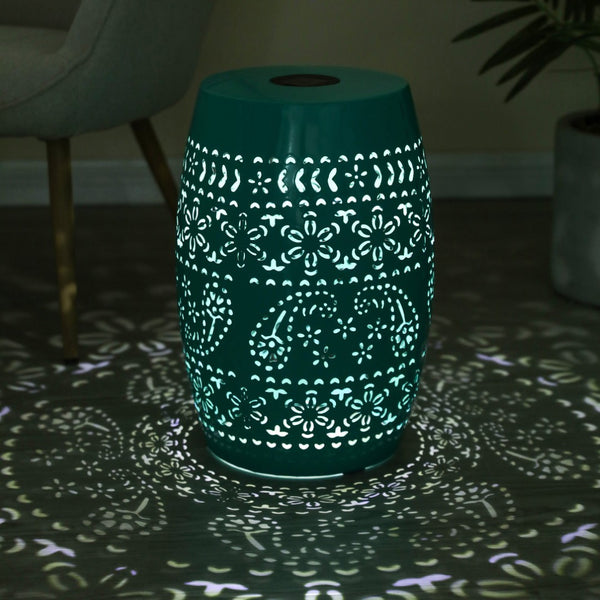 English Elm Solar Iron Lantern Side Table with Cutout Floral Design for Patio and Garden Decor Teal N770P270774T