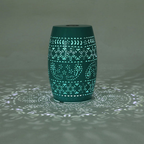 English Elm Solar Iron Lantern Side Table with Cutout Floral Design for Patio and Garden Decor Teal N770P270774T