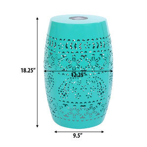English Elm Solar Iron Lantern Side Table with Cutout Floral Design for Patio and Garden Decor Teal N770P270774T
