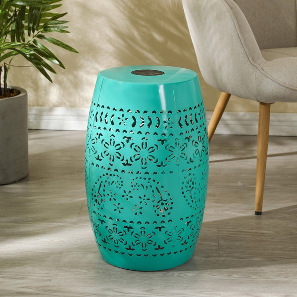 English Elm Solar Iron Lantern Side Table with Cutout Floral Design for Patio and Garden Decor Teal N770P270774T