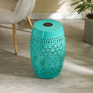English Elm Solar Iron Lantern Side Table with Cutout Floral Design for Patio and Garden Decor Teal N770P270774T