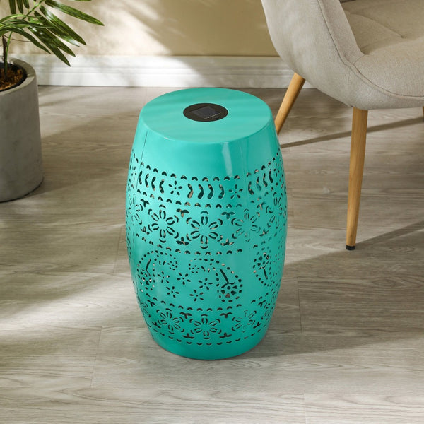 English Elm Solar Iron Lantern Side Table with Cutout Floral Design for Patio and Garden Decor Teal N770P270774T