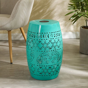 English Elm Solar Iron Lantern Side Table with Cutout Floral Design for Patio and Garden Decor Teal N770P270774T