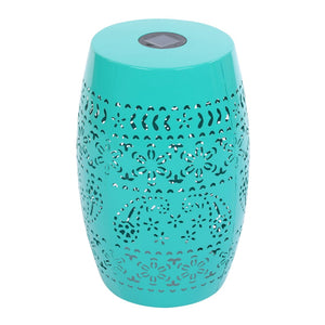 English Elm Solar Iron Lantern Side Table with Cutout Floral Design for Patio and Garden Decor Teal N770P270774T