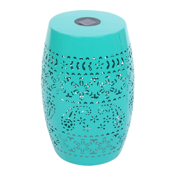 English Elm Solar Iron Lantern Side Table with Cutout Floral Design for Patio and Garden Decor Teal N770P270774T