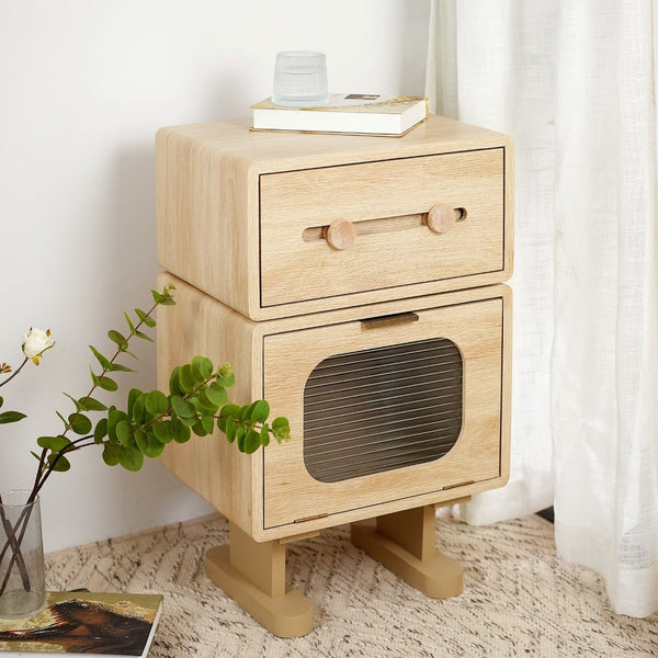 English Elm Mdf Robot Silhouette Side Table with Swivel Top Glass Cabinet and Storage Drawer N770P281241N
