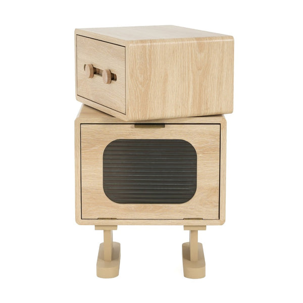 English Elm Mdf Robot Silhouette Side Table with Swivel Top Glass Cabinet and Storage Drawer N770P281241N
