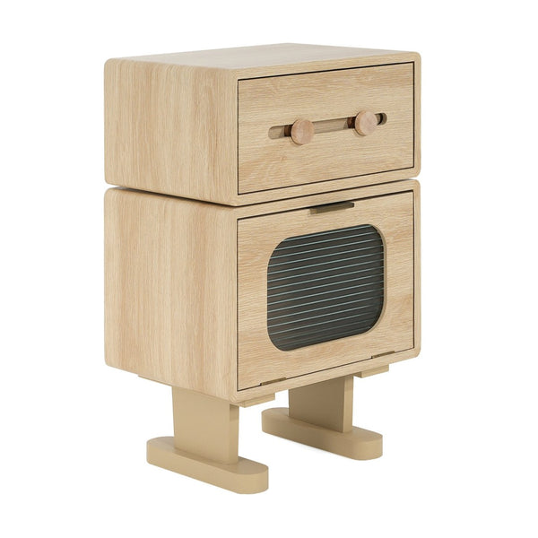 English Elm Mdf Robot Silhouette Side Table with Swivel Top Glass Cabinet and Storage Drawer N770P281241N