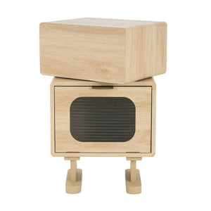 English Elm Mdf Robot Silhouette Side Table with Swivel Top Glass Cabinet and Storage Drawer N770P281241N