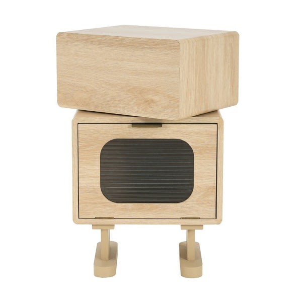 English Elm Mdf Robot Silhouette Side Table with Swivel Top Glass Cabinet and Storage Drawer N770P281241N
