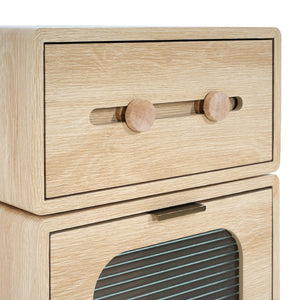 English Elm Mdf Robot Silhouette Side Table with Swivel Top Glass Cabinet and Storage Drawer N770P281241N
