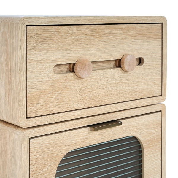 English Elm Mdf Robot Silhouette Side Table with Swivel Top Glass Cabinet and Storage Drawer N770P281241N